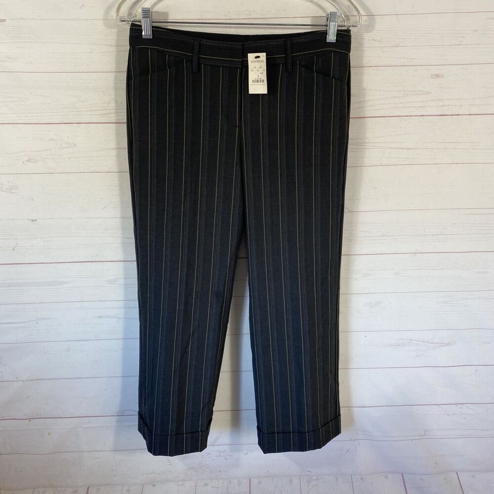Express Womens Editor Cropped Cuffed Dress Pant Sz 4 Black Pin Stripe